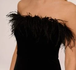 Feather Trimmed Strapless Velvet Jumpsuit In Black -Allure Attire MN1E207614 AA002 Regular Detail