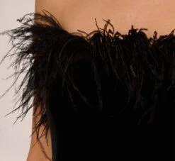 Feather Trimmed Strapless Velvet Jumpsuit In Black -Allure Attire MN1E207614 AA002 Regular Lifestyle