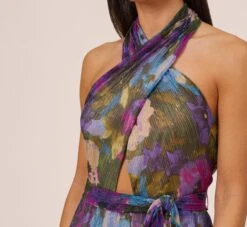 Floral-Print Metallic Crinkled Mesh Long Halter Tiered Dress In Magenta -Allure Attire MN1E207665 AA670 Regular Side