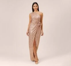 Sequined One-Shoulder Long Column Dress With Side Sash In Rose Gold