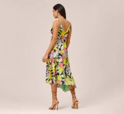 Floral-Print Asymmetrical Midi-Length Cocktail Dress In Coral Multi -Allure Attire MN1E207843 AA955 Regular Back
