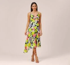 Floral-Print Asymmetrical Midi-Length Cocktail Dress In Coral Multi