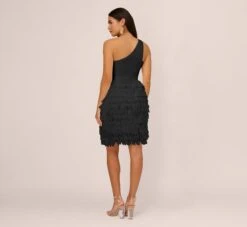 One Shoulder Cocktail Dress With Feather Chiffon Skirt In Black -Allure Attire MN1E208133 AA002 Regular Back