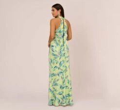 Foliage Printed Satin Gown With Halter Neckline In Green Multi -Allure Attire MN1E208141 AA390 Regular Back