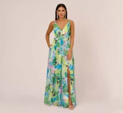 Tropical Printed Chiffon Dress With Wrap Details In Green Multi