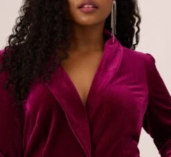 Plus Size Long Sleeve Velvet Tuxedo Dress With Feather Hem In Magenta -Allure Attire MN1E208384 AA520 Plus Detail