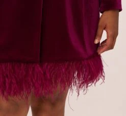 Plus Size Long Sleeve Velvet Tuxedo Dress With Feather Hem In Magenta -Allure Attire MN1E208384 AA520 Plus Lifestyle