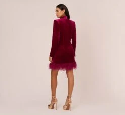 Long Sleeve Velvet Tuxedo Dress With Feather Hem In Magenta -Allure Attire MN1E208384 AA520 Regular Back