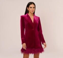 Long Sleeve Velvet Tuxedo Dress With Feather Hem In Magenta