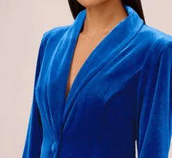 Long Sleeve Velvet Tuxedo Dress With Feather Hem In Deep Ocean -Allure Attire MN1E208384 AT414 Regular Detail