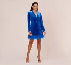 Long Sleeve Velvet Tuxedo Dress With Feather Hem In Deep Ocean -Allure Attire MN1E208384 AT414 Regular Front