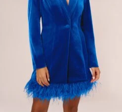 Long Sleeve Velvet Tuxedo Dress With Feather Hem In Deep Ocean -Allure Attire MN1E208384 AT414 Regular Lifestyle