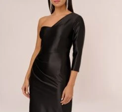 One Shoulder Satin Midi Dress With Three-Quarter Sleeve In Black -Allure Attire MN1E208394 AA002 Regular Detail