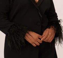 Plus Size Knit Crepe Long Sleeve Blazer Dress With Feather Trim In Black 9 Plus Size Knit Crepe Long Sleeve Blazer Dress With Feather Trim In Black -Allure Attire MN1E208395 AA002 Plus Detail