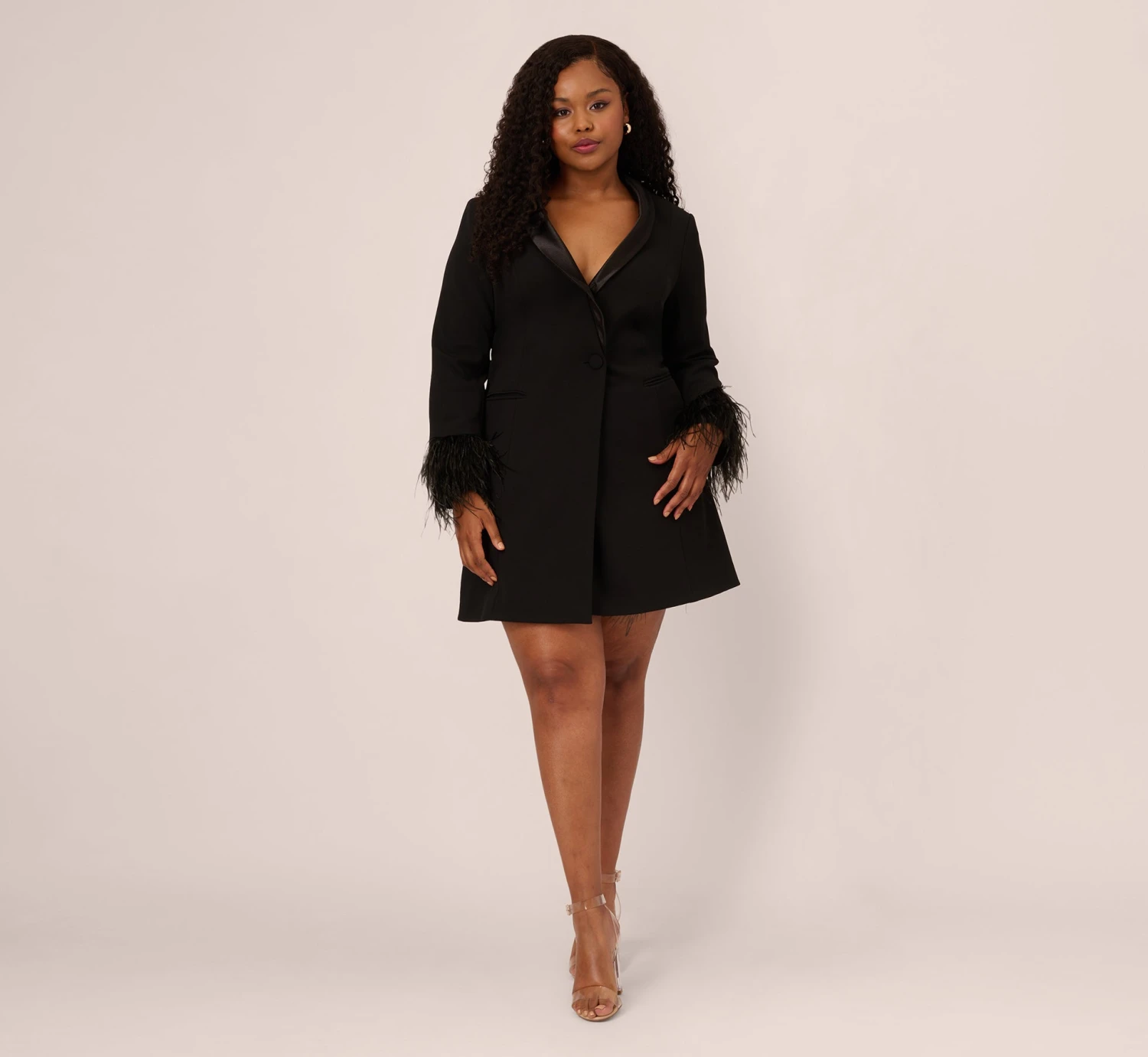 Plus Size Knit Crepe Long Sleeve Blazer Dress With Feather Trim In Black 5 Plus Size Knit Crepe Long Sleeve Blazer Dress With Feather Trim In Black - Image 5