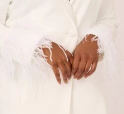 Plus Size Knit Crepe Long Sleeve Blazer Dress With Feather Trim In Ivory -Allure Attire MN1E208395 AA194 Plus Lifestyle