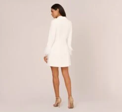Knit Crepe Long Sleeve Blazer Dress With Feather Trim In Ivory -Allure Attire MN1E208395 AA194 Regular Back