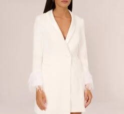 Knit Crepe Long Sleeve Blazer Dress With Feather Trim In Ivory -Allure Attire MN1E208395 AA194 Regular Detail
