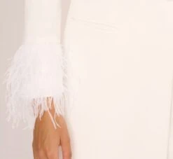 Knit Crepe Long Sleeve Blazer Dress With Feather Trim In Ivory -Allure Attire MN1E208395 AA194 Regular Lifestyle