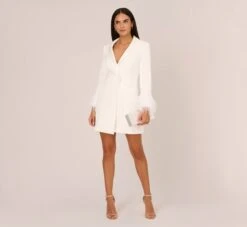 Knit Crepe Long Sleeve Blazer Dress With Feather Trim In Ivory -Allure Attire MN1E208395 AA194 Regular Side