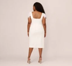 Plus Size Knit Crepe Midi Dress With Feather Shoulder Accents In Ivory -Allure Attire MN1E208406 AA194 Plus Back