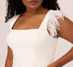 Plus Size Knit Crepe Midi Dress With Feather Shoulder Accents In Ivory -Allure Attire MN1E208406 AA194 Plus Detail