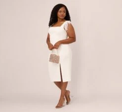 Plus Size Knit Crepe Midi Dress With Feather Shoulder Accents In Ivory -Allure Attire MN1E208406 AA194 Plus Side