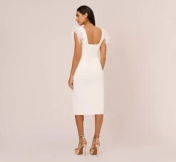 Knit Crepe Midi Dress With Feather Shoulder Accents In Ivory -Allure Attire MN1E208406 AA194 Regular Back
