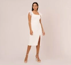 Knit Crepe Midi Dress With Feather Shoulder Accents In Ivory