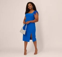 Plus Size Knit Crepe Midi Dress With Feather Shoulder Accents In Dark Cobalt