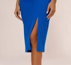 Knit Crepe Midi Dress With Feather Shoulder Accents In Dark Cobalt -Allure Attire MN1E208406 AT401 Regular Lifestyle