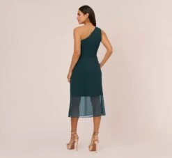 Knit Crepe One Shoulder Dress With Sheer Cutout And Skirt In Forest -Allure Attire MN1E208445 AB311 Regular Back