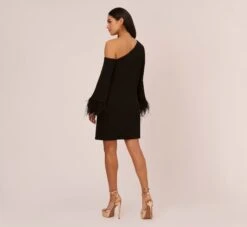 Knit Crepe One Shoulder Long Sleeve Dress With Feather Accents In Black -Allure Attire MN1E208446 AA002 Regular Back