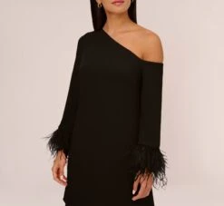 Knit Crepe One Shoulder Long Sleeve Dress With Feather Accents In Black -Allure Attire MN1E208446 AA002 Regular Detail