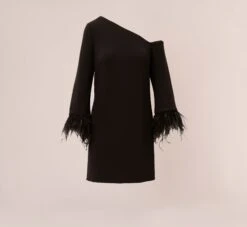 Knit Crepe One Shoulder Long Sleeve Dress With Feather Accents In Black -Allure Attire MN1E208446 AA002 Regular Flat
