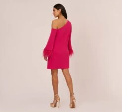 Knit Crepe One Shoulder Long Sleeve Dress With Feather Accents In Bright Rose -Allure Attire MN1E208446 AH673 Regular Back