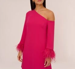 Knit Crepe One Shoulder Long Sleeve Dress With Feather Accents In Bright Rose -Allure Attire MN1E208446 AH673 Regular Detail