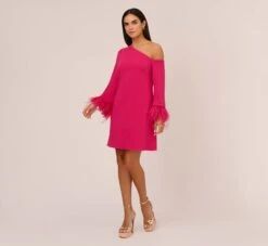 Knit Crepe One Shoulder Long Sleeve Dress With Feather Accents In Bright Rose -Allure Attire MN1E208446 AH673 Regular Front