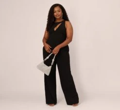 Plus Size Knit Crepe Wide Leg Jumpsuit With Cutout Accent In Black